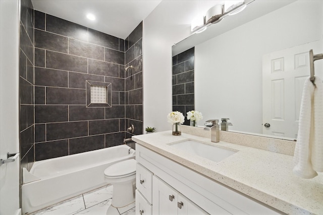 full bathroom with toilet, marble finish floor, bathtub / shower combination, and vanity