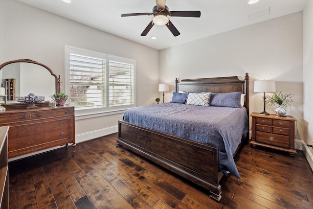 bedroom featuring hardwood / wood-style floors, recessed lighting, baseboards, and visible vents