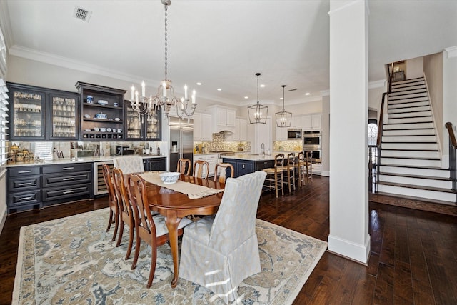 dining area with visible vents, crown molding, wine cooler, stairs, and dark wood-style flooring