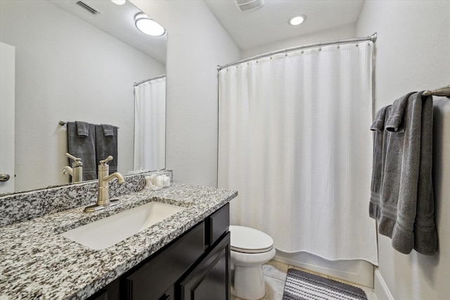 bathroom featuring visible vents, toilet, shower / bath combo, tile patterned flooring, and vanity