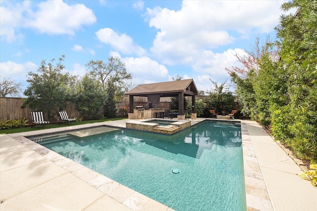 view of swimming pool featuring a fenced in pool, a gazebo, a fenced backyard, an in ground hot tub, and a patio