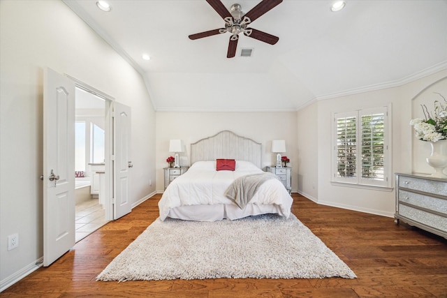 bedroom with visible vents, baseboards, vaulted ceiling, recessed lighting, and wood finished floors