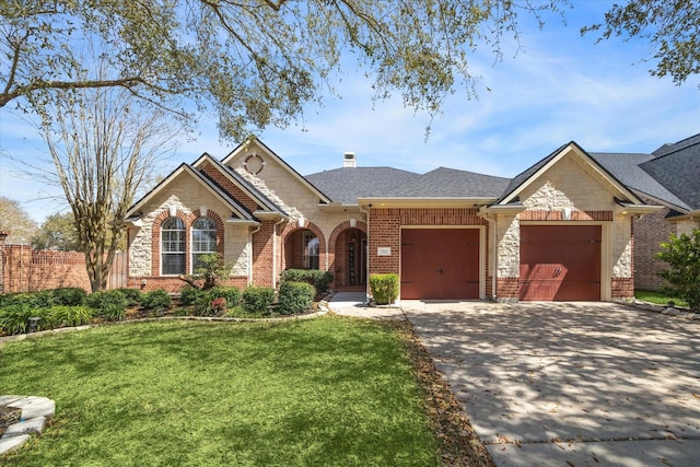 view of front of property featuring a front yard, driveway, stone siding, a garage, and brick siding