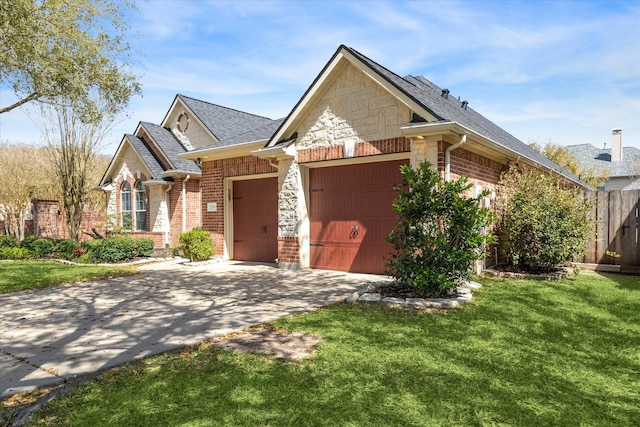 view of front facade with brick siding, concrete driveway, roof with shingles, a front yard, and a garage