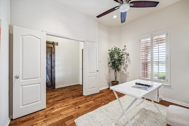 office area featuring recessed lighting, baseboards, wood finished floors, and a ceiling fan