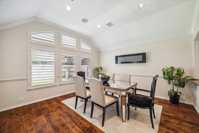 dining room with recessed lighting, baseboards, lofted ceiling, and dark wood-style flooring