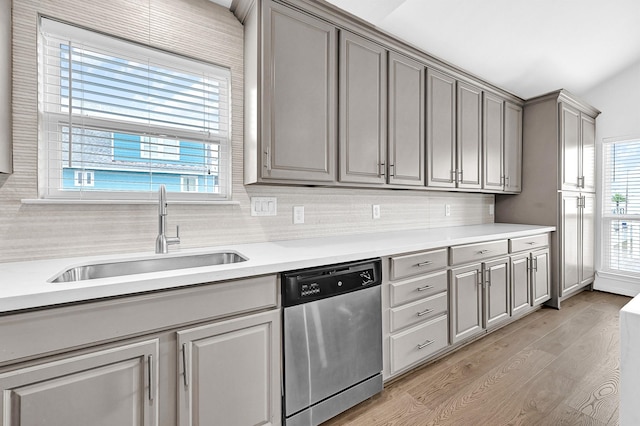 22110 Deaf P Smith Dr, Galveston, TX 77554 - kitchen with gray cabinetry, light countertops, stainless steel dishwasher, light wood-style floors, and a sink