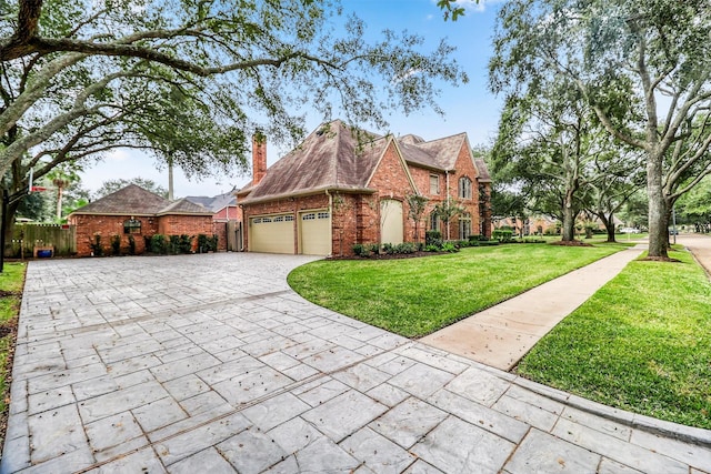 view of front of property with a front yard, driveway, a chimney, a garage, and brick siding