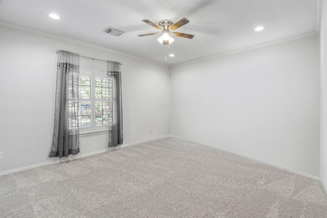 spare room featuring visible vents, crown molding, carpet flooring, recessed lighting, and a ceiling fan