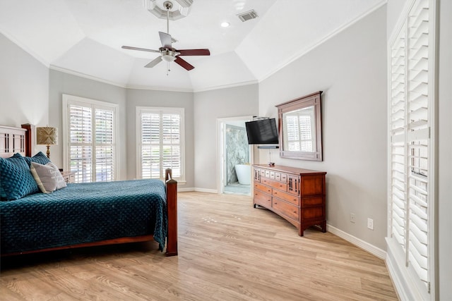 bedroom with light wood finished floors, visible vents, crown molding, and baseboards