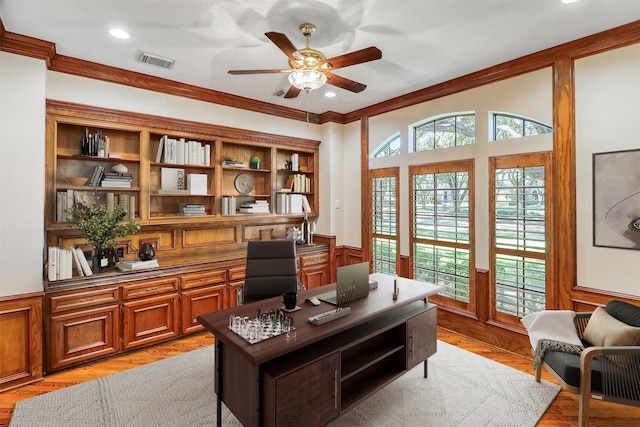 home office with visible vents, ornamental molding, a ceiling fan, wainscoting, and light wood finished floors