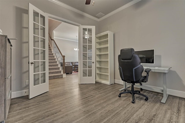 home office with wood finished floors, crown molding, french doors, and ceiling fan