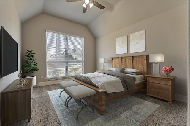 bedroom featuring ceiling fan, baseboards, and lofted ceiling