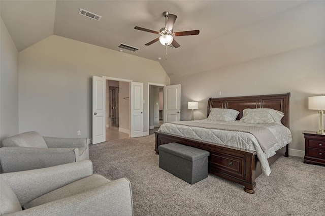 carpeted bedroom with visible vents, baseboards, lofted ceiling, and a ceiling fan