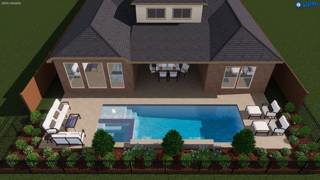 view of swimming pool featuring fence, a pool with connected hot tub, and a patio area