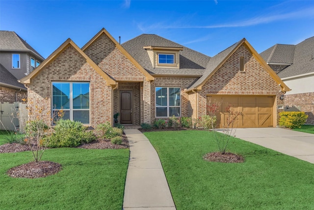 view of front of property with a garage, brick siding, and a front yard