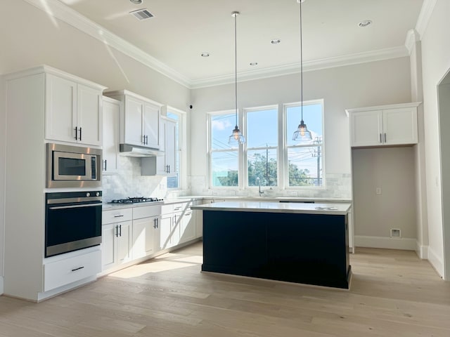 kitchen with crown molding, backsplash, light wood finished floors, and stainless steel appliances