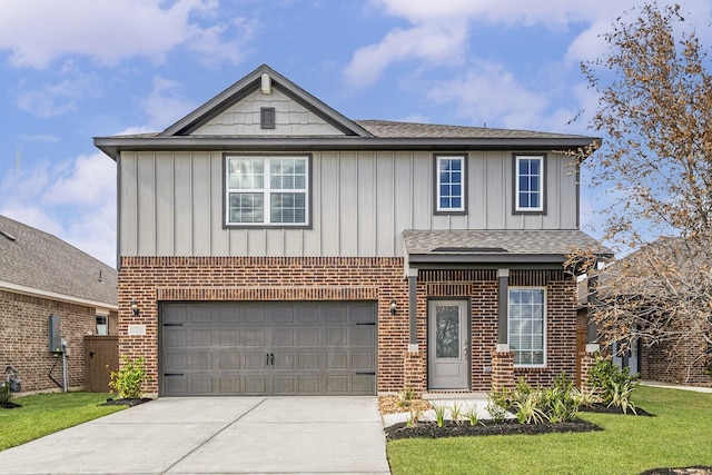 traditional-style house featuring board and batten siding, concrete driveway, a shingled roof, a garage, and brick siding