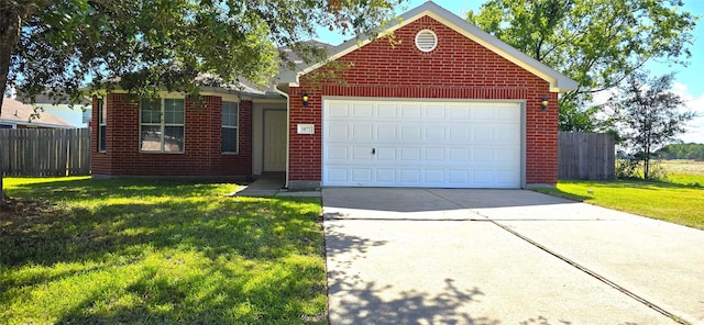 view of front of property featuring concrete driveway, an attached garage, fence, and brick siding