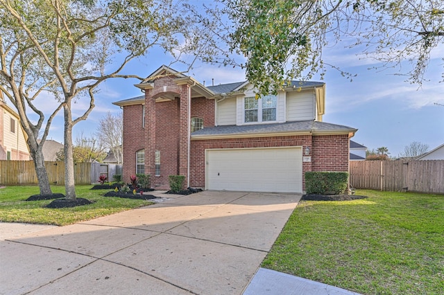 traditional-style house featuring brick siding, concrete driveway, fence, and a garage