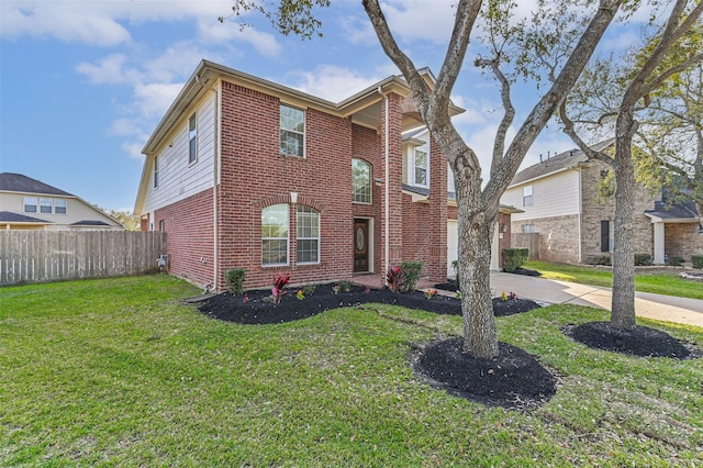 view of front of property with a front lawn, driveway, fence, a garage, and brick siding