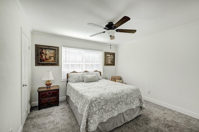 bedroom featuring light colored carpet, a ceiling fan, baseboards, and ornamental molding