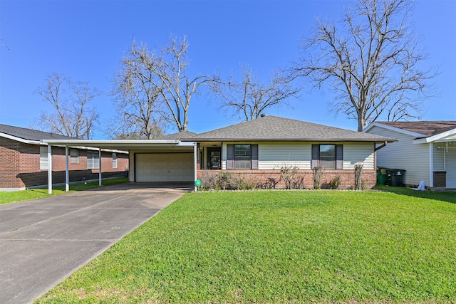 view of front of house featuring brick siding, an attached garage, a front yard, a carport, and driveway