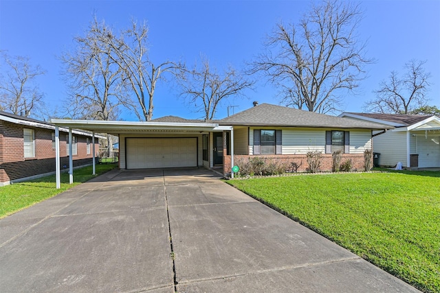 view of front of home with driveway, an attached garage, a shingled roof, a front lawn, and brick siding