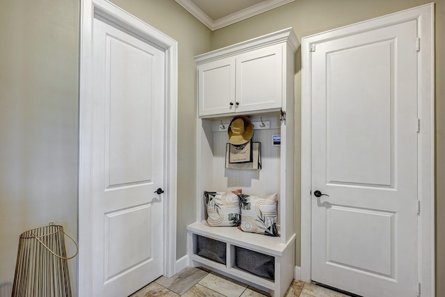 mudroom with baseboards and ornamental molding