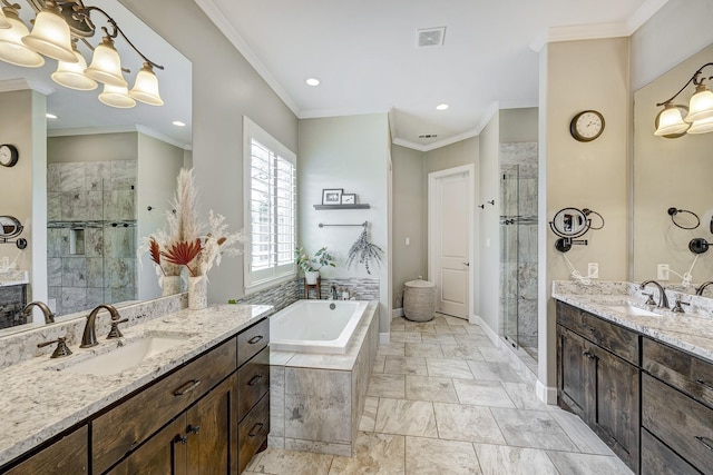 full bath featuring a sink, a garden tub, and a stall shower