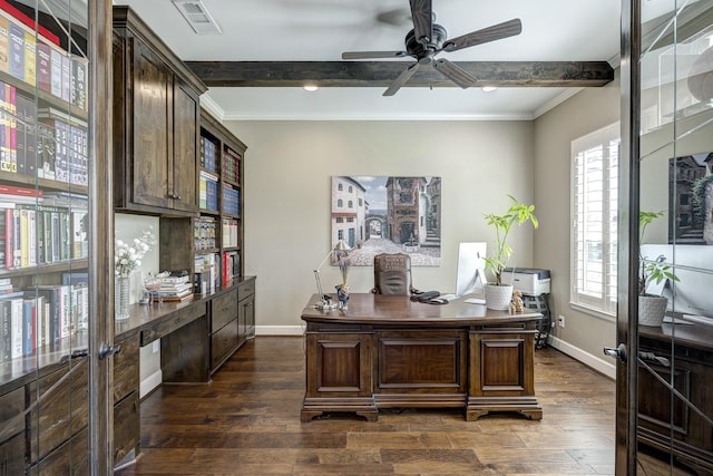 office space with visible vents, dark wood-type flooring, baseboards, ceiling fan, and beam ceiling