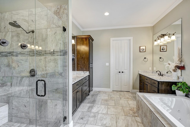 full bathroom featuring a stall shower, ornamental molding, vanity, baseboards, and a whirlpool tub