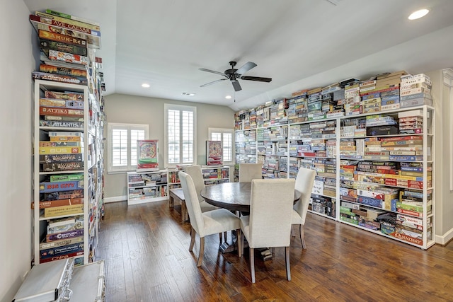 dining room with baseboards, ceiling fan, vaulted ceiling, recessed lighting, and hardwood / wood-style flooring