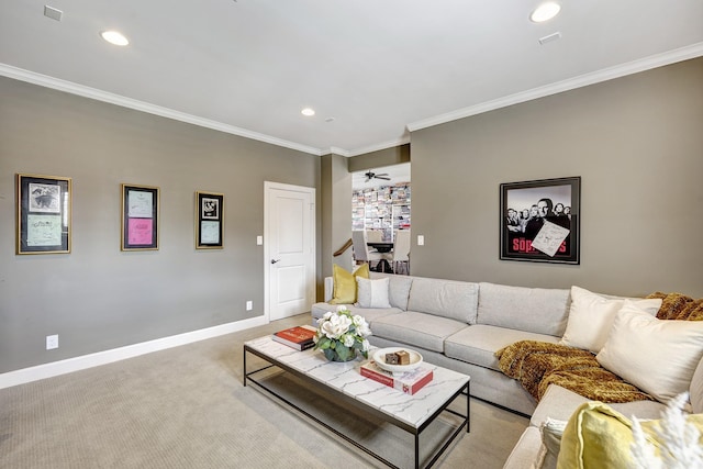 living room featuring recessed lighting, baseboards, light colored carpet, and ornamental molding