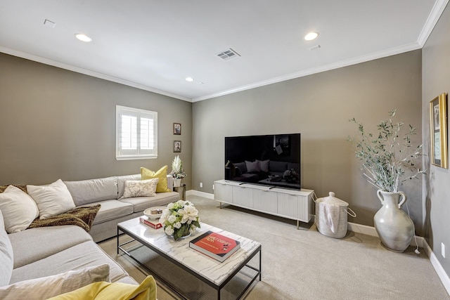 living room featuring light carpet, visible vents, crown molding, and baseboards