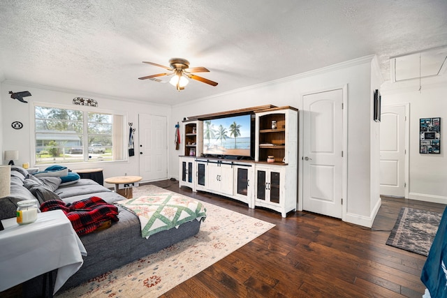 living room featuring attic access, ornamental molding, ceiling fan, wood-type flooring, and a textured ceiling