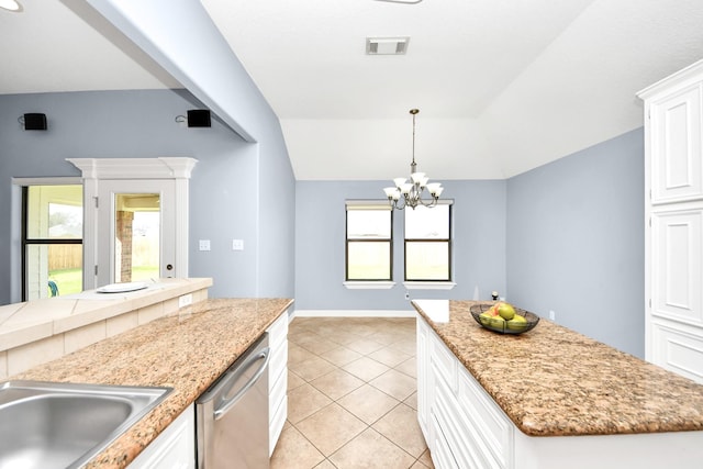 kitchen featuring light tile patterned floors, visible vents, an inviting chandelier, dishwasher, and a wealth of natural light