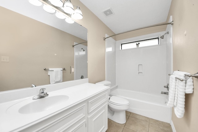 full bath with tile patterned floors, visible vents, toilet, shower / tub combination, and vanity