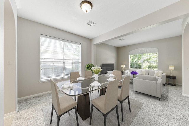 dining space featuring plenty of natural light, baseboards, and visible vents