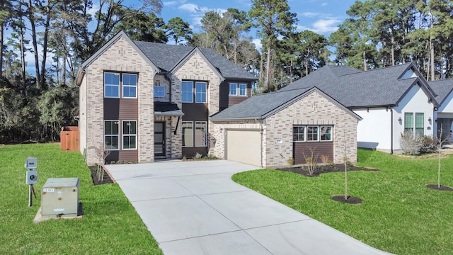 view of front of property featuring a front lawn, concrete driveway, and brick siding