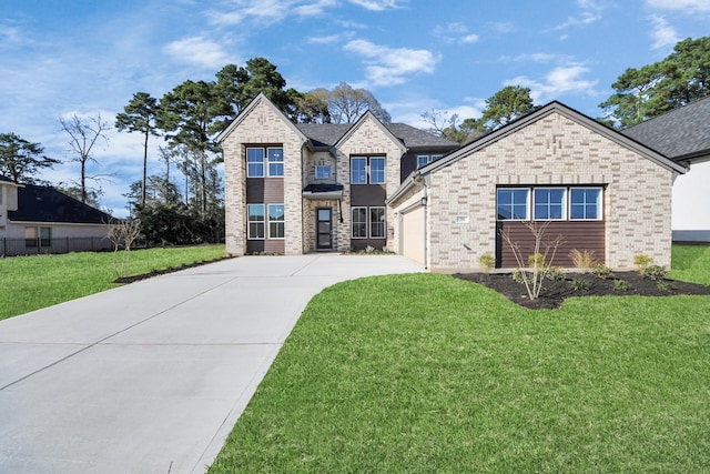 french provincial home featuring brick siding, a garage, a front lawn, and driveway