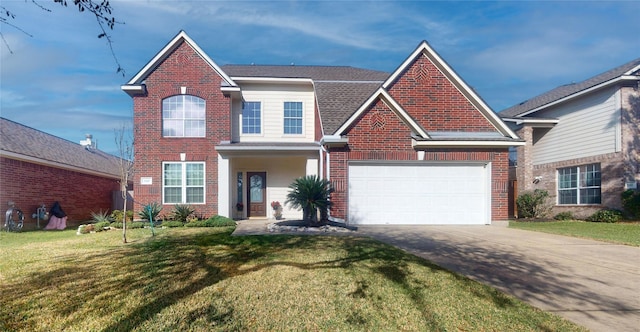 traditional-style house with brick siding, concrete driveway, a front yard, and a shingled roof