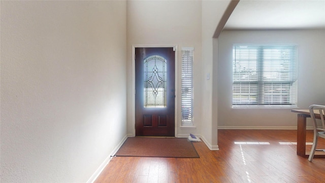 foyer entrance with wood finished floors, baseboards, and arched walkways