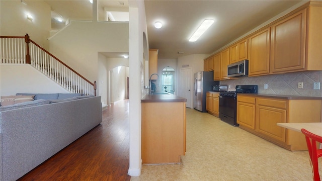 kitchen with light wood-type flooring, a sink, open floor plan, appliances with stainless steel finishes, and decorative backsplash