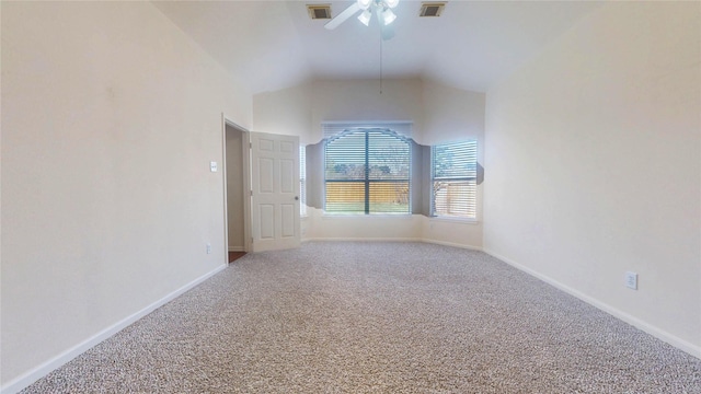 carpeted empty room featuring visible vents, baseboards, and a ceiling fan