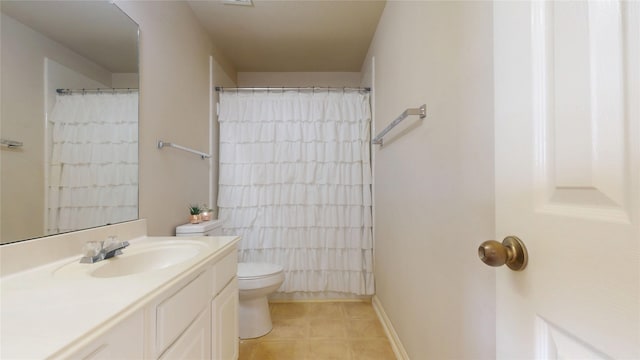 full bathroom with a shower with curtain, toilet, vanity, and tile patterned flooring