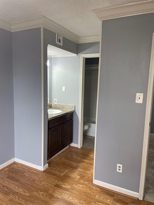 bathroom with visible vents, a textured ceiling, vanity, and wood finished floors