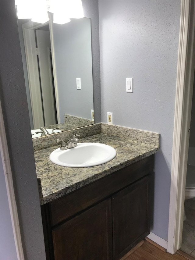 bathroom with toilet, vanity, and wood finished floors