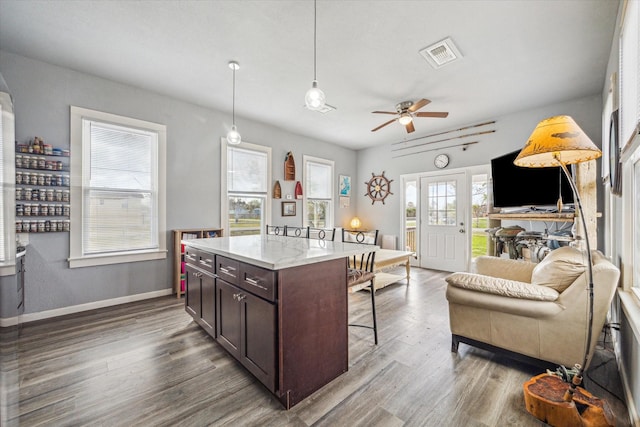 kitchen with visible vents, dark brown cabinets, a kitchen breakfast bar, and plenty of natural light