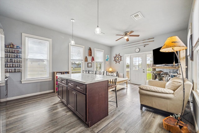 kitchen featuring visible vents, a kitchen bar, dark brown cabinets, and a healthy amount of sunlight